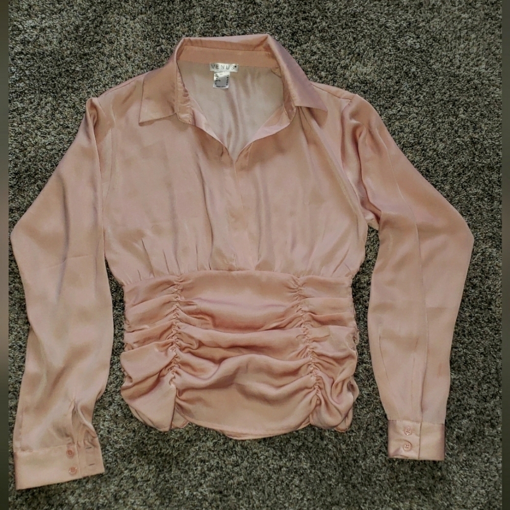 Sheer, Pink, Ruched, Button-up, Blouse